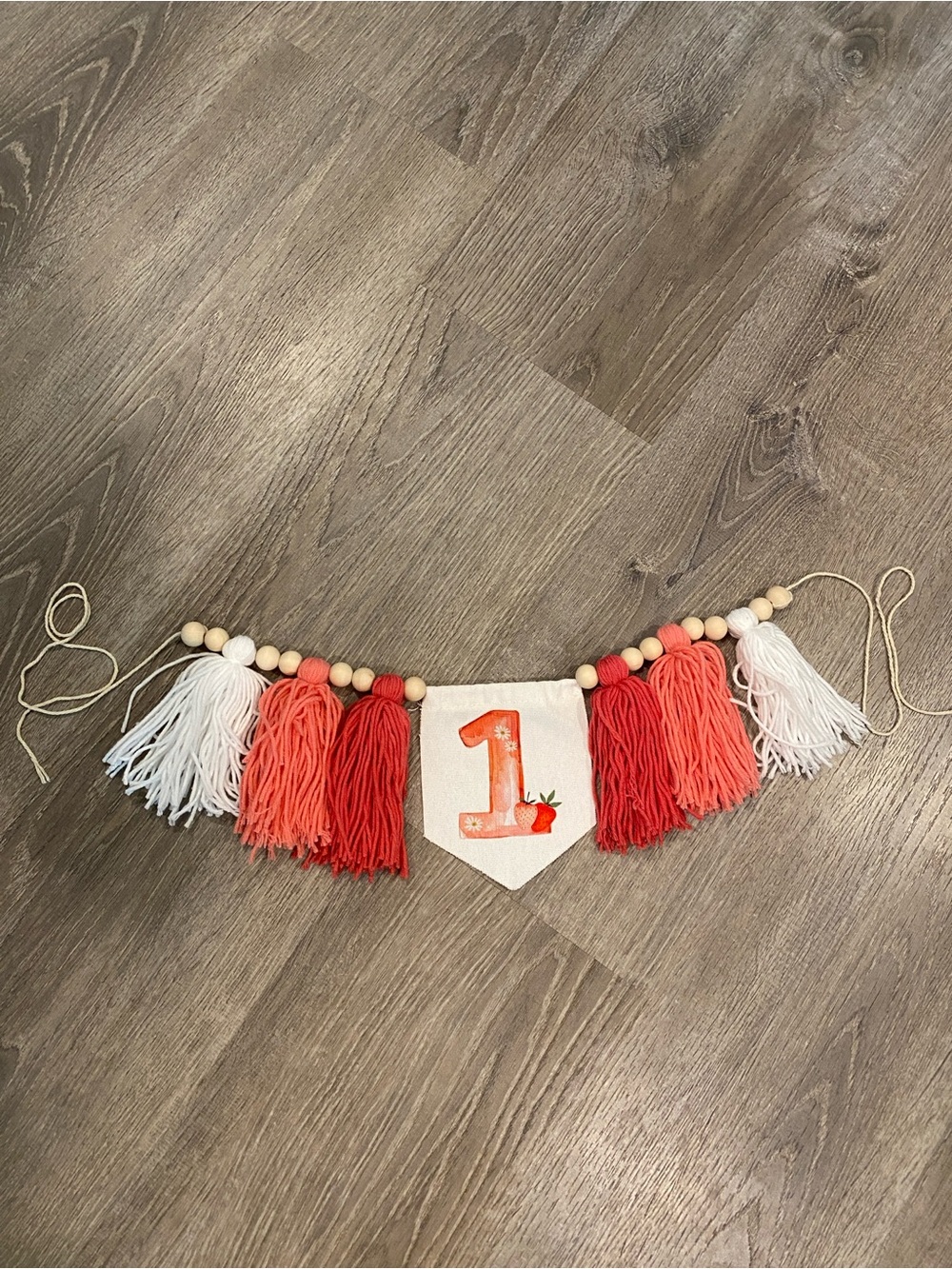First Birthday Strawberry Tassel Banner - White, Coral & Red “Sweet one”